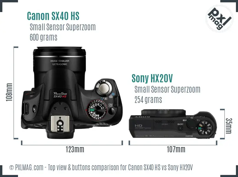 Canon SX40 HS vs Sony HX20V top view buttons comparison