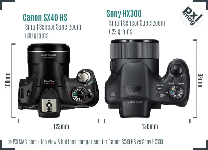 Canon SX40 HS vs Sony HX300 top view buttons comparison