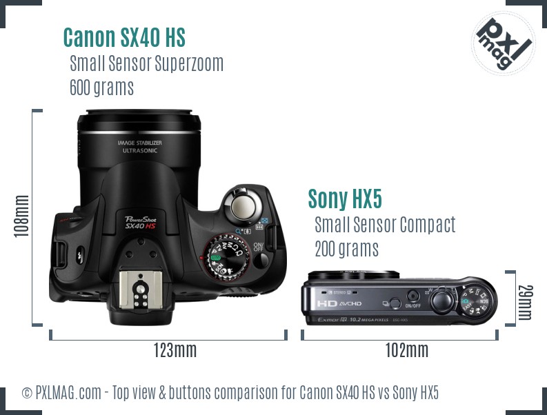 Canon SX40 HS vs Sony HX5 top view buttons comparison