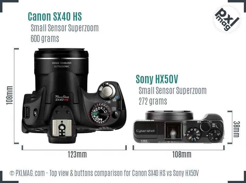 Canon SX40 HS vs Sony HX50V top view buttons comparison