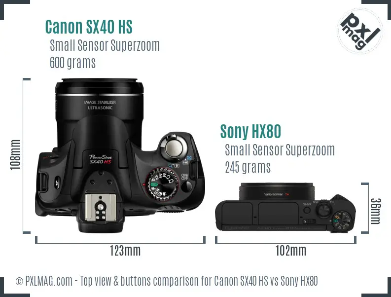 Canon SX40 HS vs Sony HX80 top view buttons comparison Canon SX40 HS vs Sony HX80 top view buttons comparison