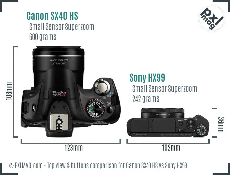 Canon SX40 HS vs Sony HX99 top view buttons comparison