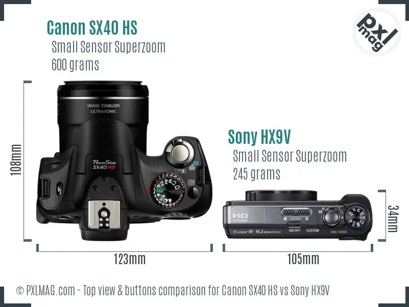Canon SX40 HS vs Sony HX9V top view buttons comparison Canon SX40 HS vs Sony HX9V top view buttons comparison