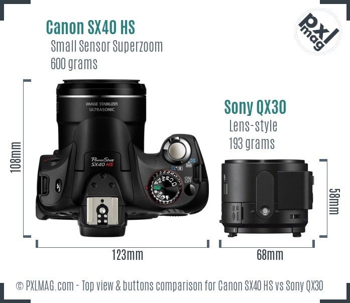 Canon SX40 HS vs Sony QX30 top view buttons comparison