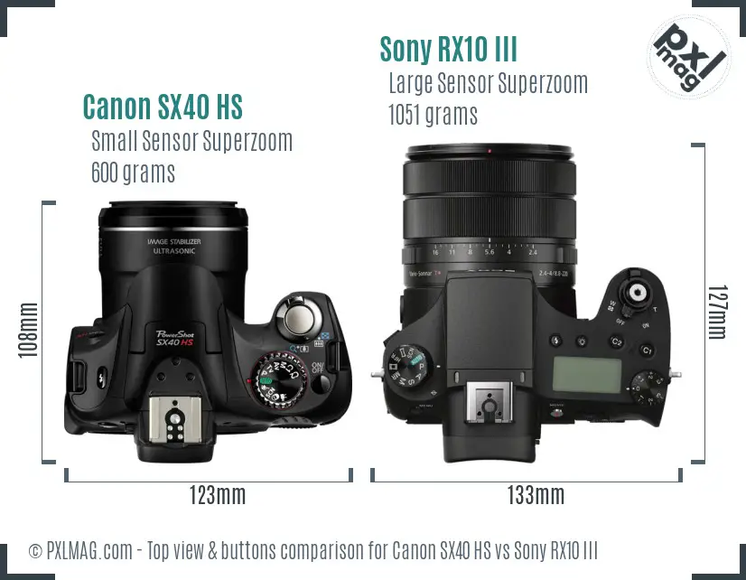 Canon SX40 HS vs Sony RX10 III top view buttons comparison