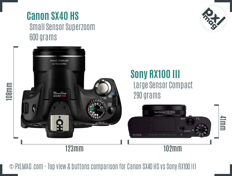 Canon SX40 HS vs Sony RX100 III top view buttons comparison Canon SX40 HS vs Sony RX100 III top view buttons comparison