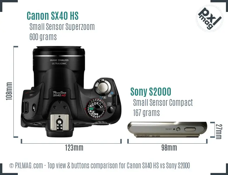 Canon SX40 HS vs Sony S2000 top view buttons comparison Canon SX40 HS vs Sony S2000 top view buttons comparison