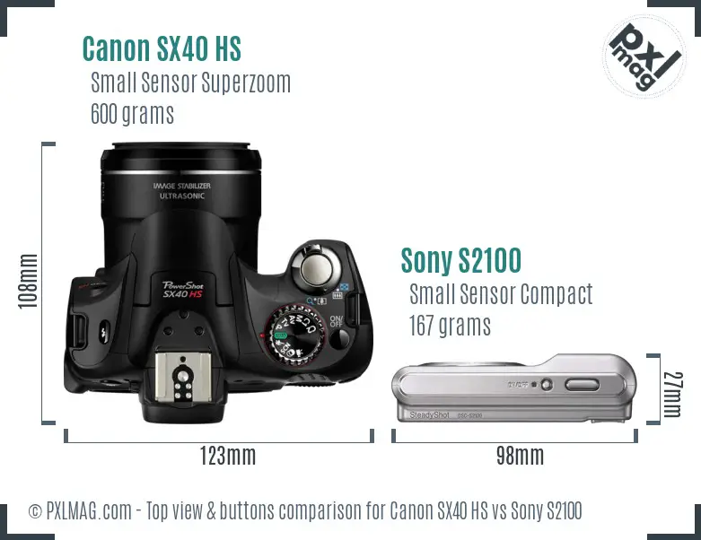 Canon SX40 HS vs Sony S2100 top view buttons comparison