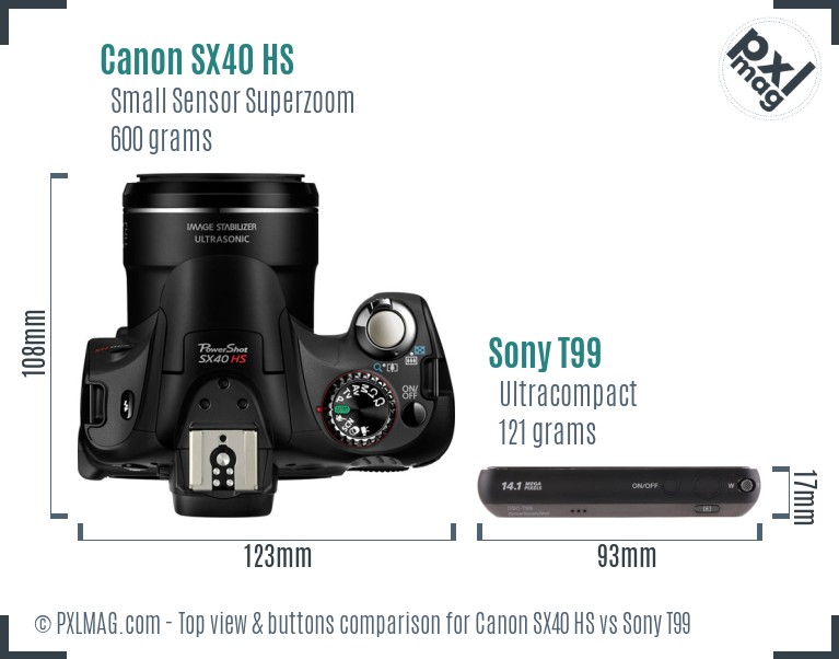 Canon SX40 HS vs Sony T99 top view buttons comparison