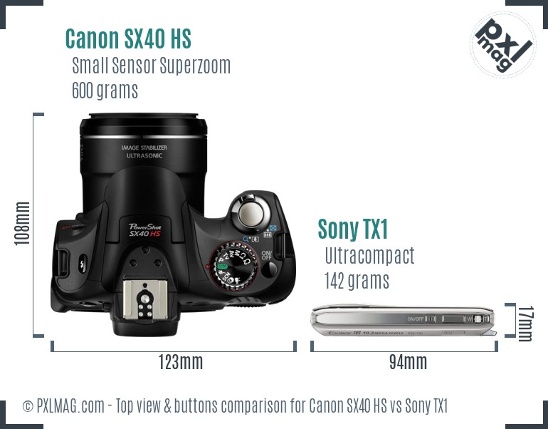 Canon SX40 HS vs Sony TX1 top view buttons comparison