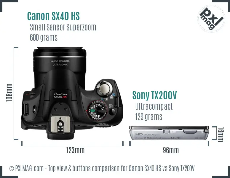 Canon SX40 HS vs Sony TX200V top view buttons comparison