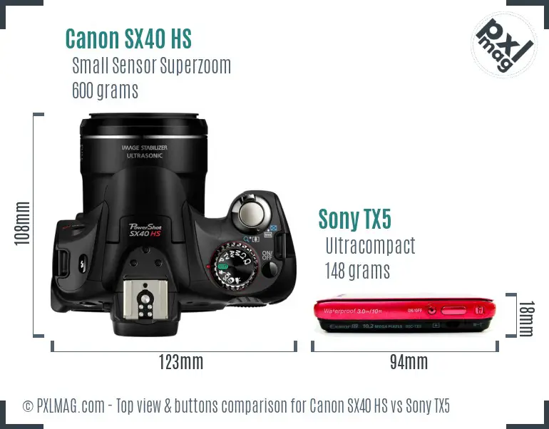 Canon SX40 HS vs Sony TX5 top view buttons comparison Canon SX40 HS vs Sony TX5 top view buttons comparison