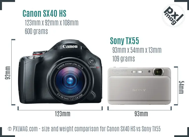 Canon SX40 HS vs Sony TX55 size comparison
