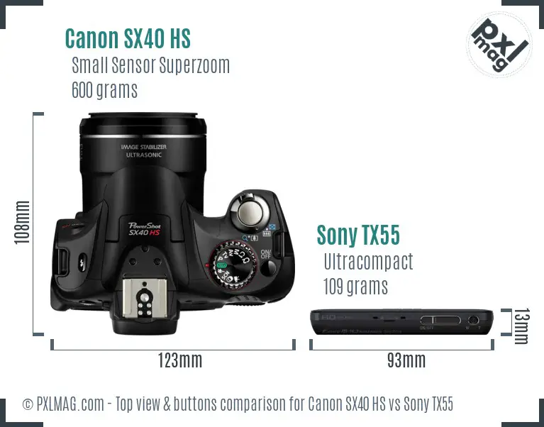 Canon SX40 HS vs Sony TX55 top view buttons comparison