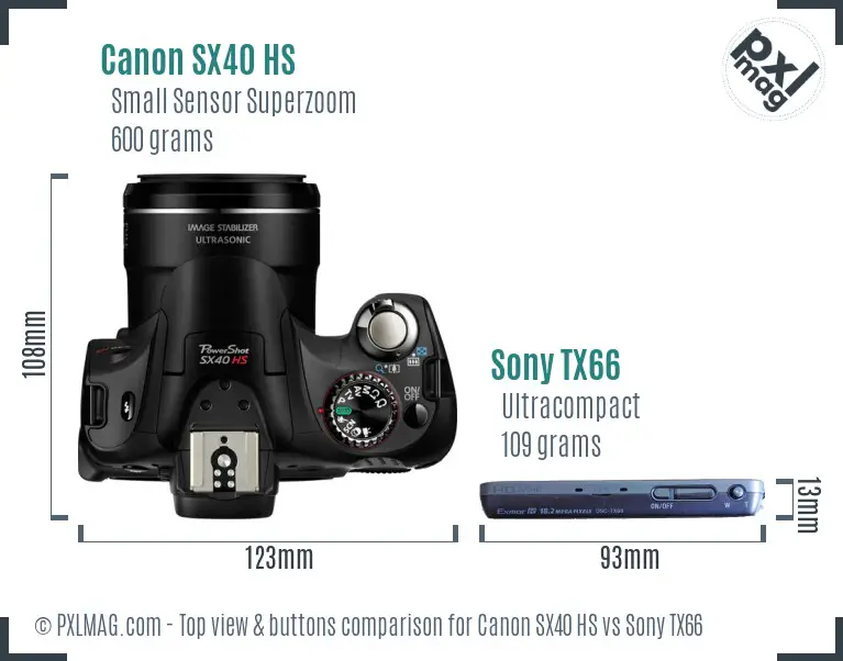 Canon SX40 HS vs Sony TX66 top view buttons comparison Canon SX40 HS vs Sony TX66 top view buttons comparison