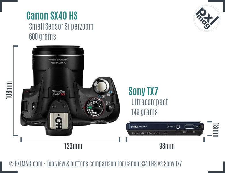 Canon SX40 HS vs Sony TX7 top view buttons comparison