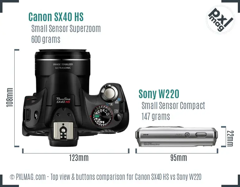 Canon SX40 HS vs Sony W220 top view buttons comparison
