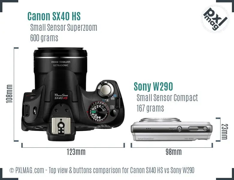 Canon SX40 HS vs Sony W290 top view buttons comparison Canon SX40 HS vs Sony W290 top view buttons comparison