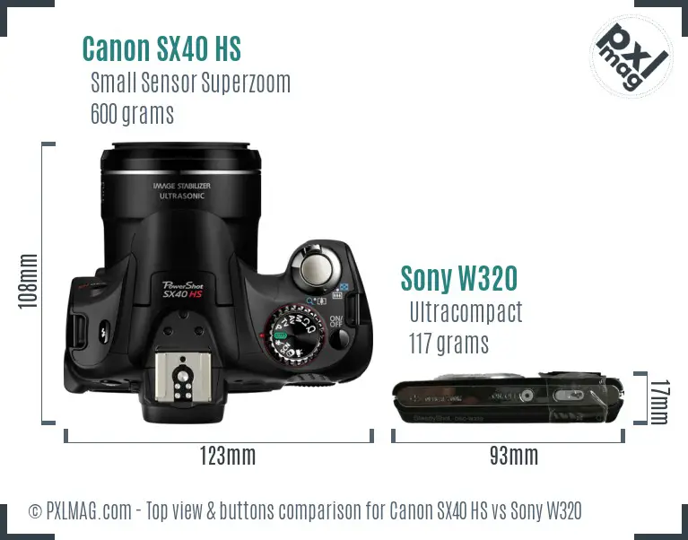 Canon SX40 HS vs Sony W320 top view buttons comparison