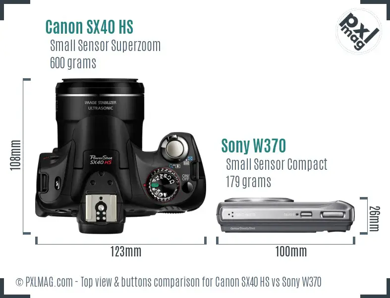 Canon SX40 HS vs Sony W370 top view buttons comparison