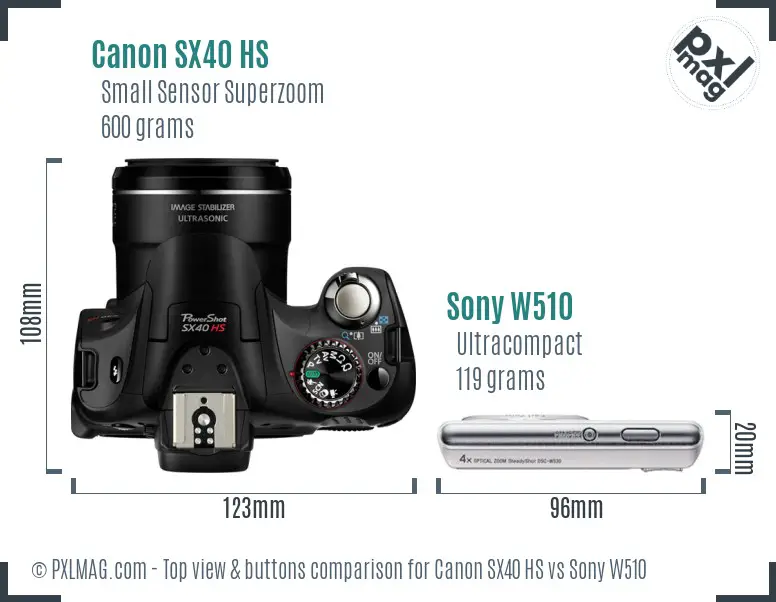 Canon SX40 HS vs Sony W510 top view buttons comparison