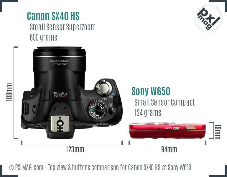 Canon SX40 HS vs Sony W650 top view buttons comparison