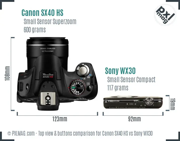 Canon SX40 HS vs Sony WX30 top view buttons comparison
