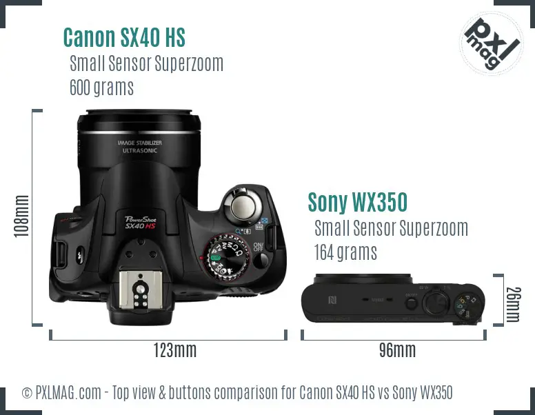 Canon SX40 HS vs Sony WX350 top view buttons comparison Canon SX40 HS vs Sony WX350 top view buttons comparison