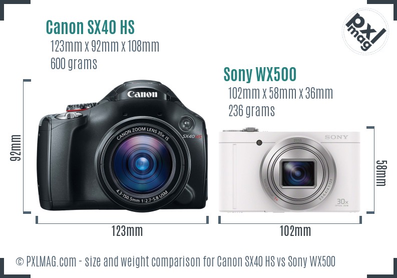 Canon SX40 HS vs Sony WX500 size comparison
