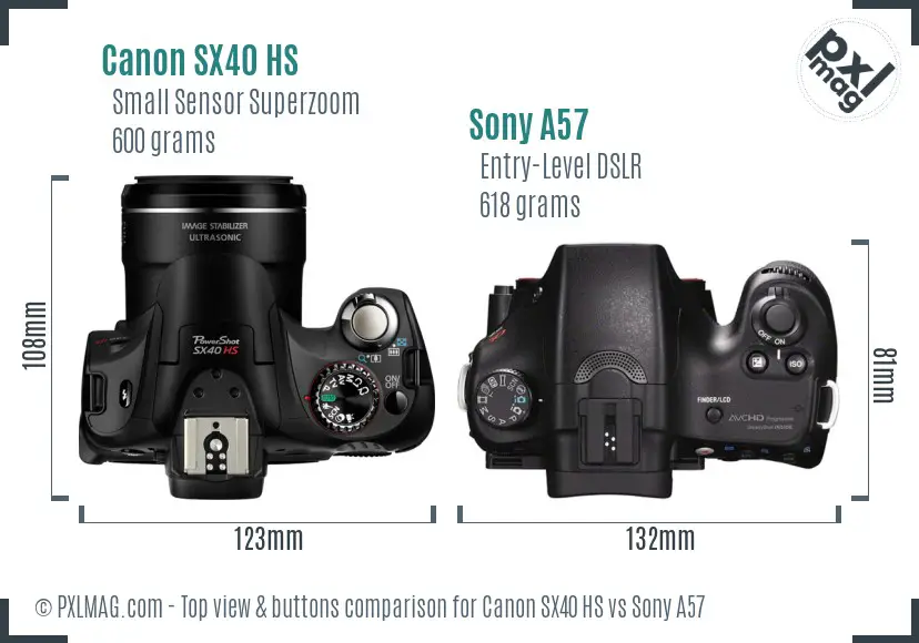 Canon SX40 HS vs Sony A57 top view buttons comparison
