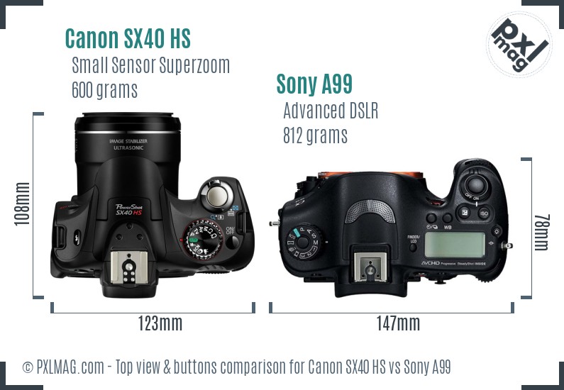 Canon SX40 HS vs Sony A99 top view buttons comparison