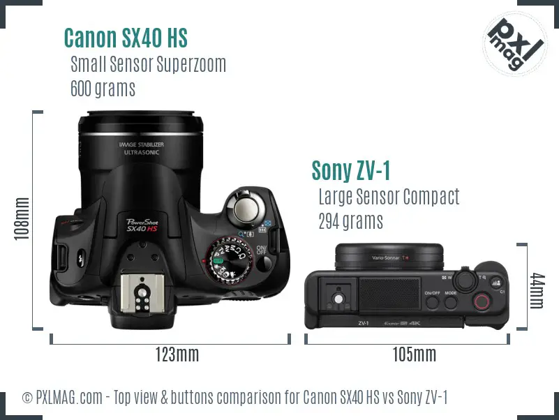 Canon SX40 HS vs Sony ZV-1 top view buttons comparison Canon SX40 HS vs Sony ZV-1 top view buttons comparison