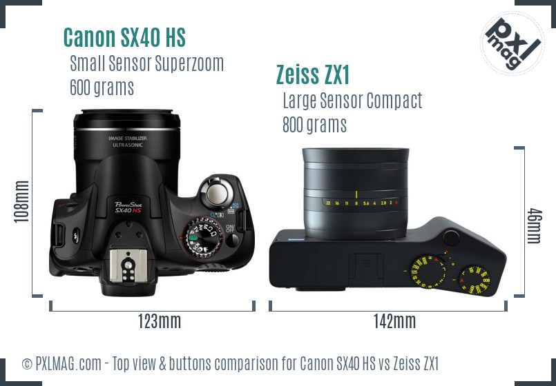 Canon SX40 HS vs Zeiss ZX1 top view buttons comparison