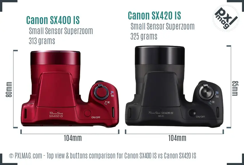 Canon SX400 IS vs Canon SX420 IS top view buttons comparison