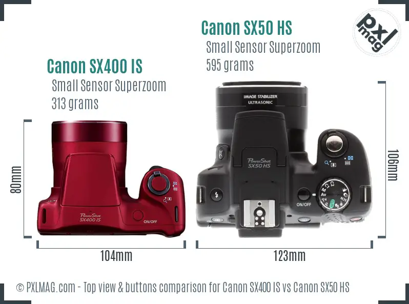 Canon SX400 IS vs Canon SX50 HS top view buttons comparison