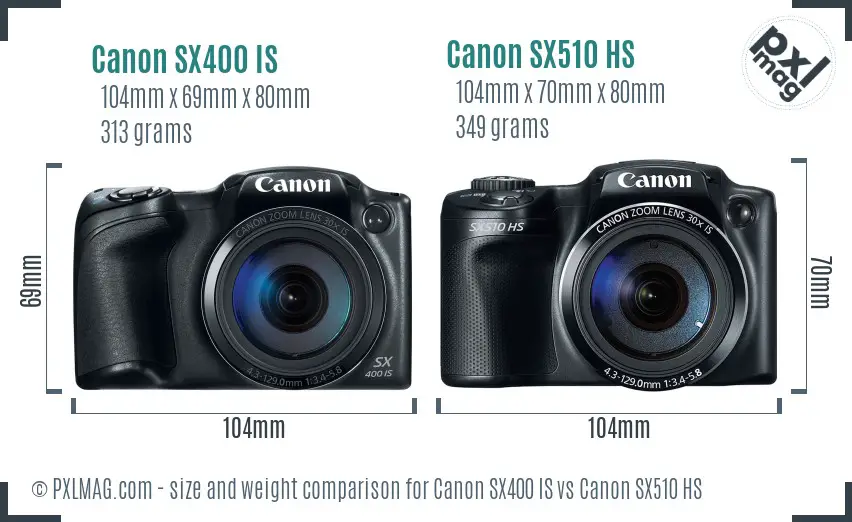 Canon SX400 IS vs Canon SX510 HS size comparison