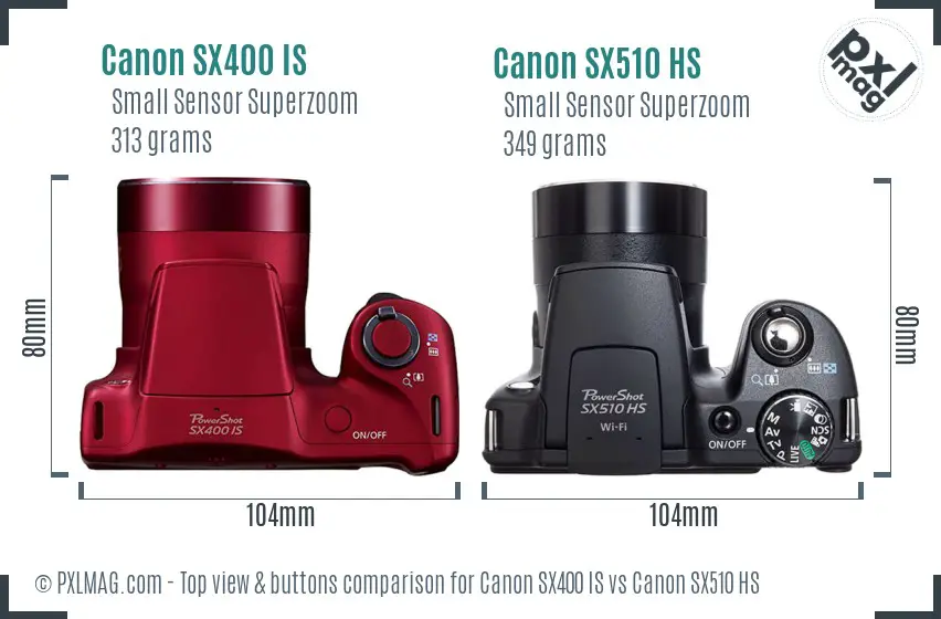 Canon SX400 IS vs Canon SX510 HS top view buttons comparison