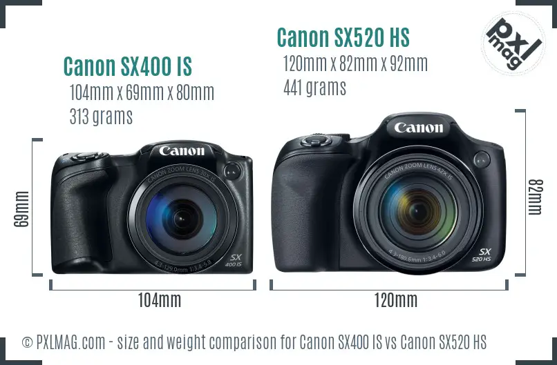 Canon SX400 IS vs Canon SX520 HS size comparison