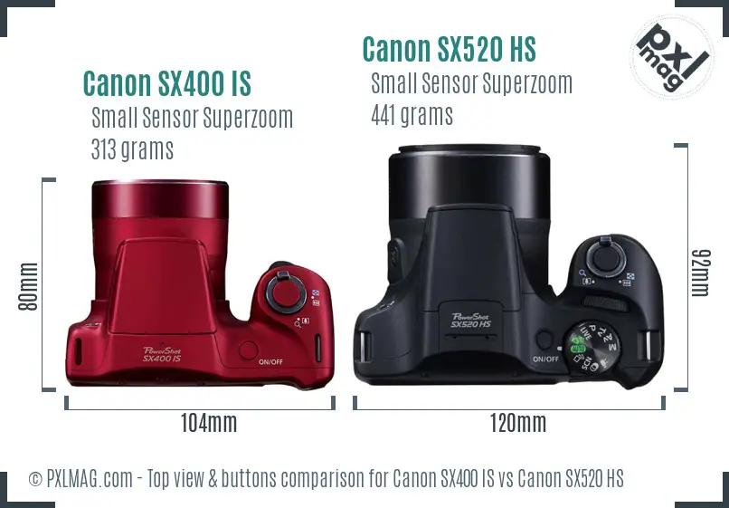 Canon SX400 IS vs Canon SX520 HS top view buttons comparison