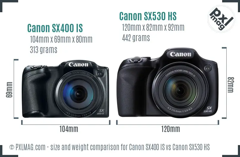 Canon SX400 IS vs Canon SX530 HS size comparison