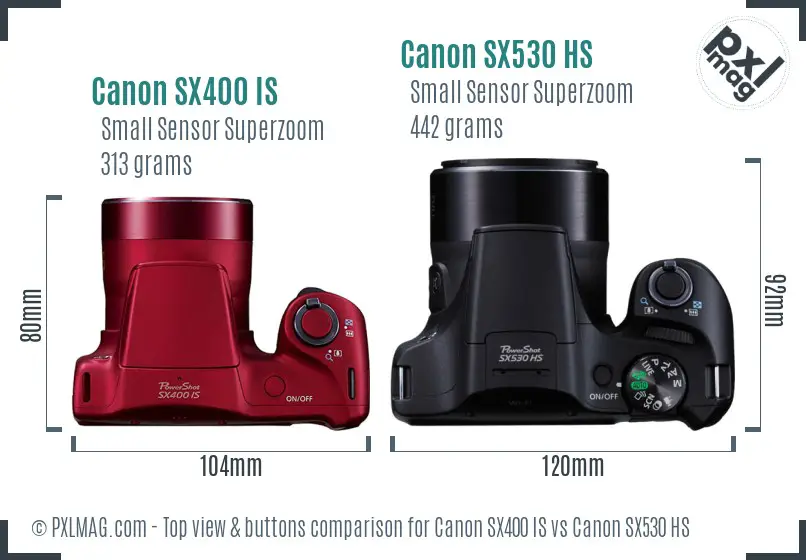 Canon SX400 IS vs Canon SX530 HS top view buttons comparison