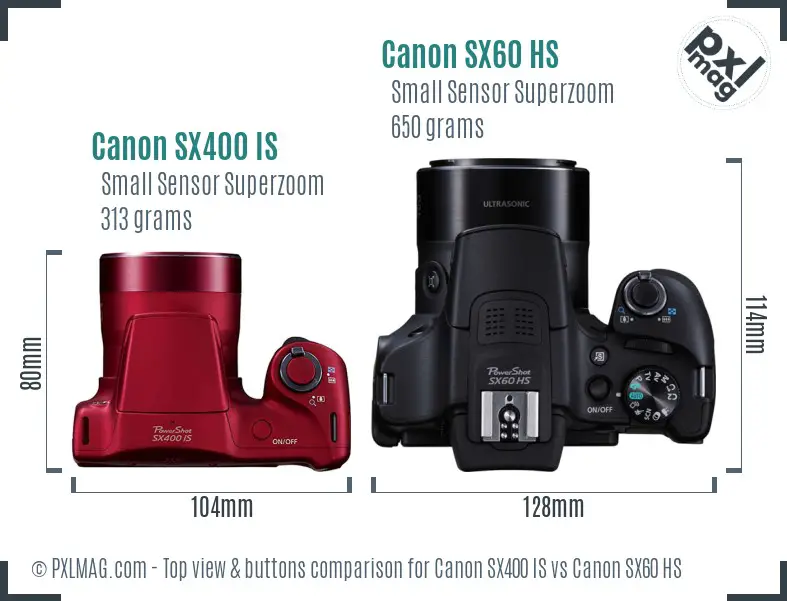 Canon SX400 IS vs Canon SX60 HS top view buttons comparison