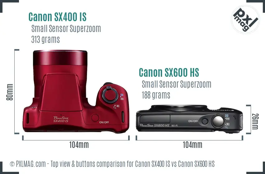 Canon SX400 IS vs Canon SX600 HS top view buttons comparison