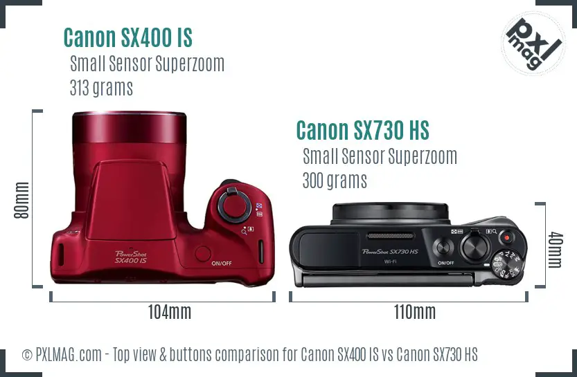 Canon SX400 IS vs Canon SX730 HS top view buttons comparison