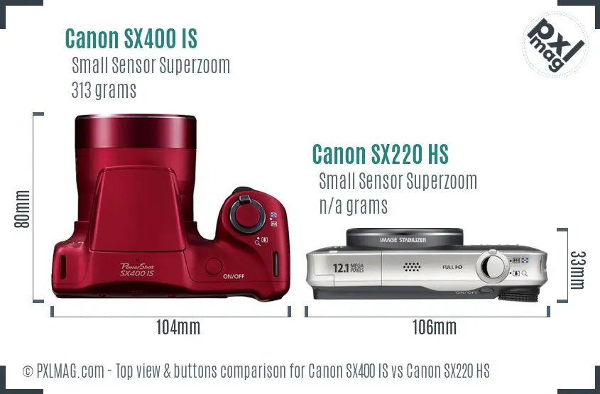 Canon SX400 IS vs Canon SX220 HS top view buttons comparison