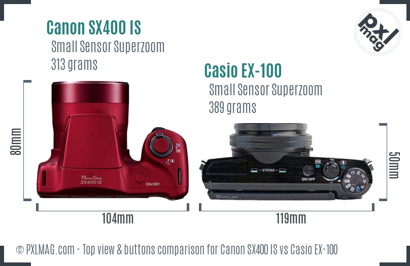 Canon SX400 IS vs Casio EX-100 top view buttons comparison