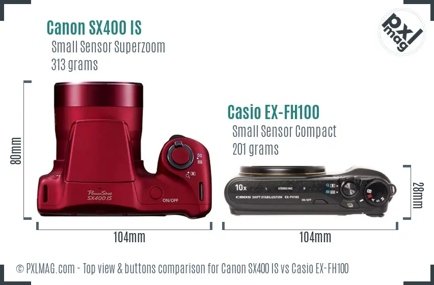 Canon SX400 IS vs Casio EX-FH100 top view buttons comparison