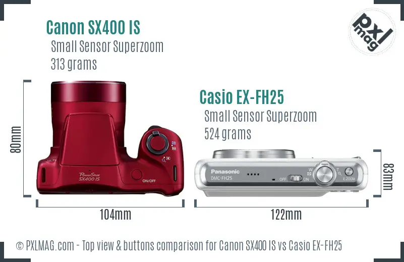 Canon SX400 IS vs Casio EX-FH25 top view buttons comparison