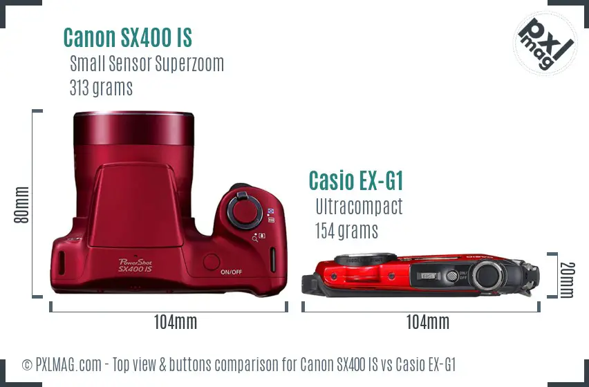 Canon SX400 IS vs Casio EX-G1 top view buttons comparison