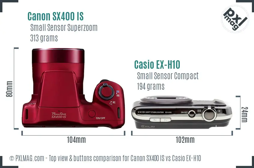 Canon SX400 IS vs Casio EX-H10 top view buttons comparison Canon SX400 IS vs Casio EX-H10 top view buttons comparison